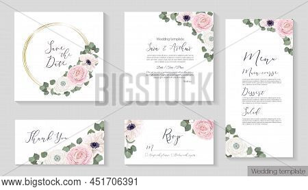 Vector Template For A Postcard. Pink Roses, White Roses, Rununculus, Anemones, Eucalyptus, Green Pla