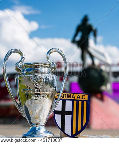 June 14, 2021, Parma. The Emblem Of The Parma Calcio Football Club And The Uefa Champions League Cup