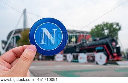August 30, 2021, Naples, Italy. S.s.c. Football Club Emblem Napoli Against The Backdrop Of A Modern 