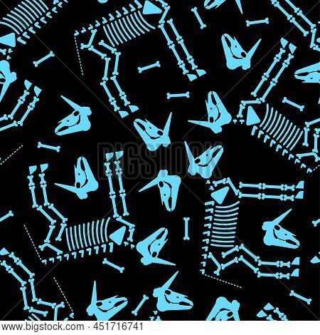 Unicorn Skeleton Pattern Seamless. Magic Horse With Horn Skull Background. Vector Texture