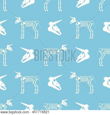 Unicorn Skeleton Pattern Seamless. Magic Horse With Horn Skull Background. Vector Texture