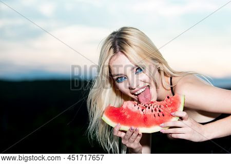 Sexy Summer Tropical Fruit. Sensual Young Woman Lick Watermelon With Sexy Tongue. Funny Beautiful Yo
