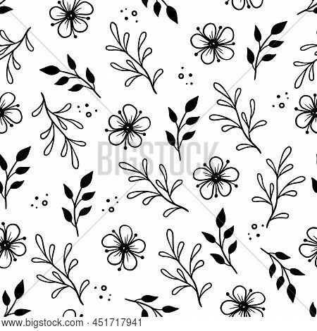 Hand Drawn Leaf, Flower Seamless Pattern. Doodle Simple Froral Style. Leaf Background Vector Illustr