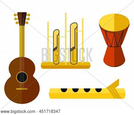 Vector Flat Color Of Acoustic Music Instrument, Jinbee, Jimbee, Angklung, Guitar,flute.