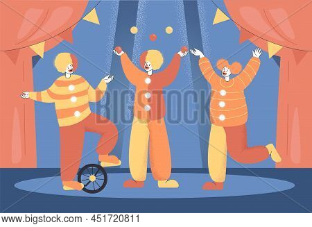 Cartoon Clowns Or Jugglers Performing At Circus Show. Circus Poster Or Wallpaper, With Comedian Or J