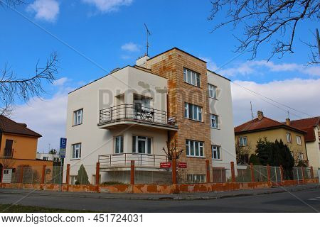 Ceske Budejovice, Czech Republic - March 27, 2022: Art Nouveau Villa With Slightly Damaged Facade Wi