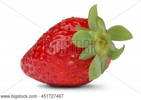 One Fresh Strawberry With Green Leaves Isolated On White Background
