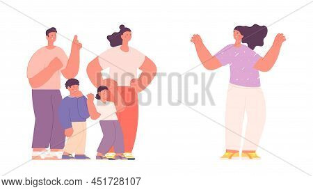 Happy Young Girl And Angry Family Group With Children. Childfree Character And Dissatisfied Parents.