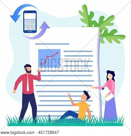 Flat Vector Illustration Business Partners Working Together Checking Documents With Marketing Data A
