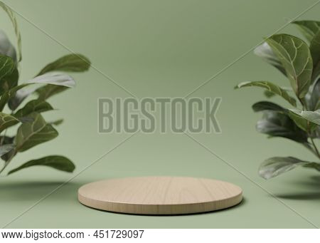 Wooden Podium With Leaves On Green Background. Podium For Product, Cosmetic Presentation. Natural Mo