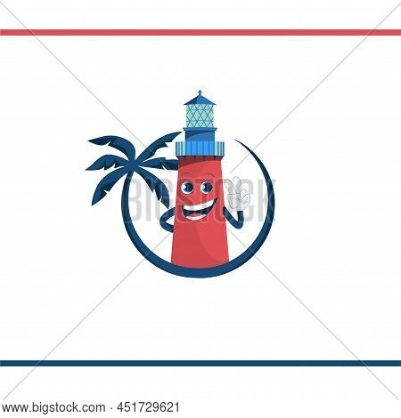 Cartoon Character Of Lighthouse With Smile In A Round Frame With A Palm Tree. Logo Design. Vectror I