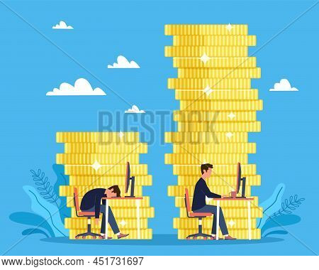 Competition. Efficiency At Work, Man Works At Computer, Other Is Tired, Gold Coins On The Background