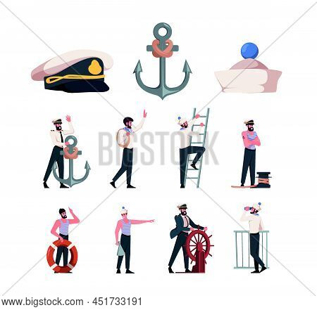 Captains And Sailors. Navy Marine Or Ocean Workers Mariner Sailors In Costume Garish Vector Set