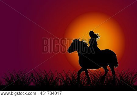 Girl On Horse At Sunset. Horse With Rider Silhouette On Sundown Sky Background. Riding Girl, Twiligh