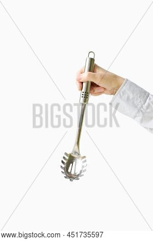 Spaghetti Spoon In Female Hands Isolated On White Background. Culinary Banner. Concept Of Cooking. K