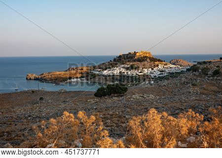 Lindos, Rhodes Island, Greece - 01 October, 2021, Views On Lindos Town And Lindos Castle In Evening 