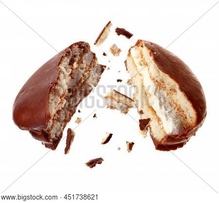 Broken Delicious Choco Pie On White Background