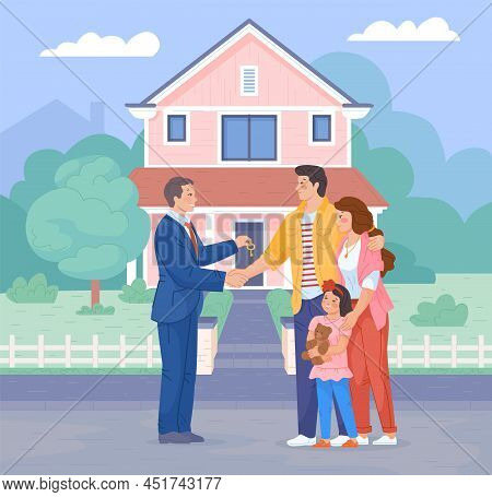 Family Buying Property. Agent Dealing Buy Estate Sell Keys To House, Happy Couple Buys New Home From