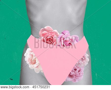 Contemporray Art Collage. Beautiful Female Bosy With Flowers Appearing From Bikini Zone Isolated On 