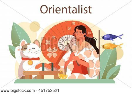 Orientalist Concept. Professional Scientist Researching Near And Far