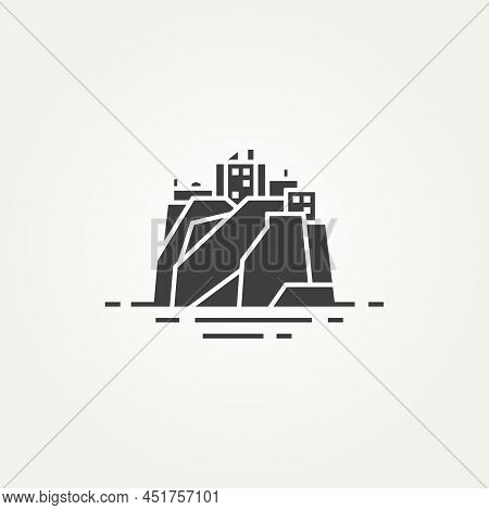 Stone Castle Logo Icon Template Vector Illustration Design. Dunnottar Castle In Scotland On A Rock A