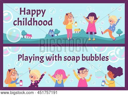 Cute Group Of Children Playing With Soap Bubbles, Vertical Banner Template - Flat Vector Illustratio