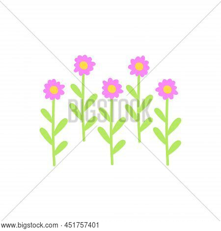 Group Of Abstract Pink Flowers On Leafy Stems. Flower Row Or Garden Bed. Flat Vector Illustration Is