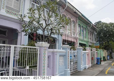 Singapore- Mar 26, 2020: Colorful Peranakan Heritage Residential House At Joo Chiat Road In Singapor