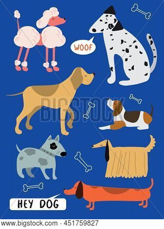 Cute Funny Cartoon Dogs Vector Puppy Pet Characters Different Breads Doggy Illustration. Furry Human
