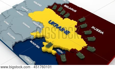 Stylich 3d Map Of Ukraine Surrounded By Tanks And Neighboring Countries