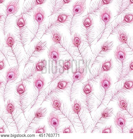 Beautiful Autotraced Vector Seamless Pattern With Watercolor Hand Drawn Pink Peacock Feathers. Stock