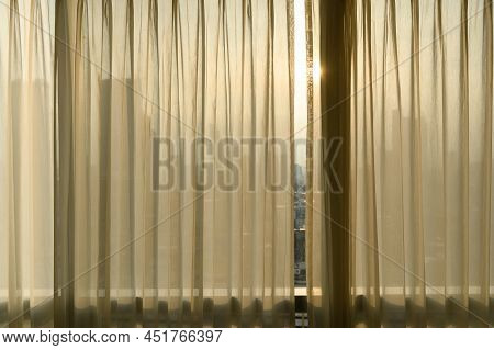 Sheer Curtains With Cityscape Onbackground. Transparent Curtain In Cozy Room Home, Interior Design C