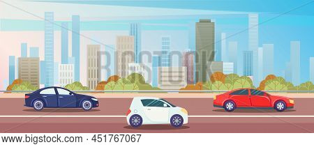 Road With Modern Cars Parking Along City Street. City Skyline Background, Highway With Automobiles. 