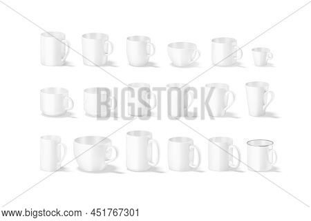 Blank Ceramic Mug Mockup, Different Types, Side View, 3d Rendering. Empty Flared, D-handle, Cone, Ba