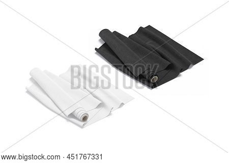 Blank Black And White Fabric Unfolded Roll Mockup, Side View, 3d Rendering. Empty Cotton Or Drapery 
