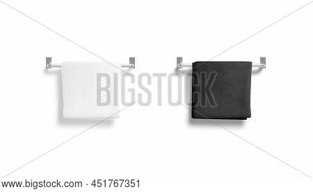 Blank Black And White Big Towel On Heated Rail Mockup, 3d Rendering. Empty Hanging Textile Micorfibe