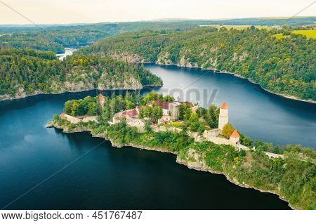 Panoramic View Of Zvikov Castle On The Hill Surrounded By River Vltava And Otava In South Bohemia Re