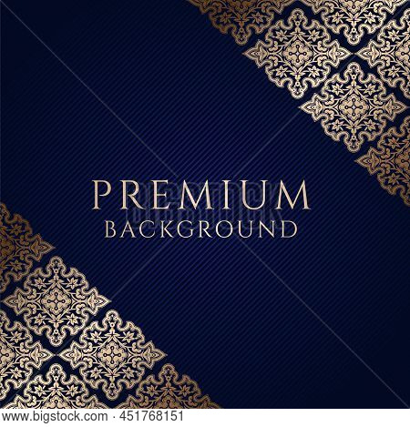 Premium Dark Blue Background With Ornamental Golden Corners And Centered Space For Text. Vector Illu