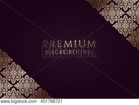 Premium Purple Background With Ornamental Golden Corners And Centered Space For Text. Vector Illustr