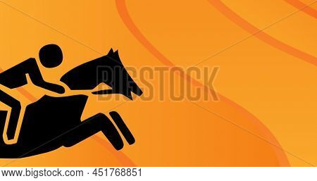 Digitally generated image of jockey riding horse over orange background. preakness stakes, creative, animal and human representation concept.