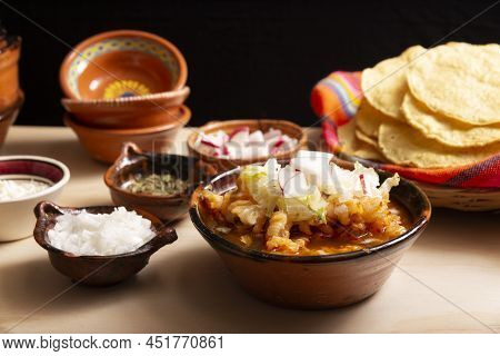 Pozole Rojo. Traditional Mexican Stew Very Popular In Mexico And Neighboring Countries. Made From Ca