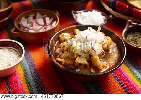 Pozole Rojo. Traditional Mexican Stew Very Popular In Mexico And Neighboring Countries. Made From Ca