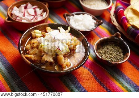 Pozole Rojo. Traditional Mexican Stew Very Popular In Mexico And Neighboring Countries. Made From Ca