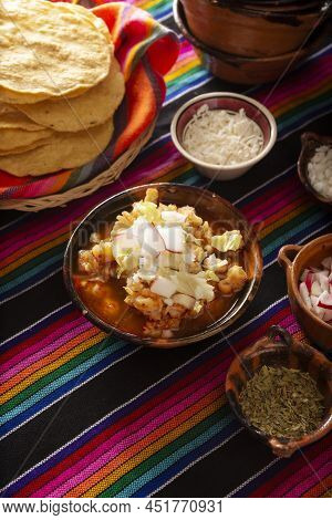 Pozole Rojo. Traditional Mexican Stew Very Popular In Mexico And Neighboring Countries. Made From Ca