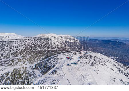 Aerial Top View Panorama Sheregesh Ski Lift Resort Winter, Mountain And Hotels, Russia Kemerovo Regi