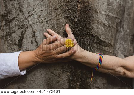 Hand Of Lgbt Women Holding Together A Three With A Rainbow Bracelet; Concept Of Lgbt Pride
