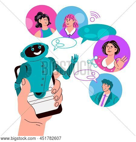 Chatbot Program With Customers Having Dialog With Robot Assistant On Smartphones. Ai Assistant Suppo