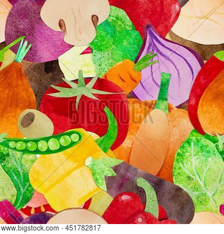 Hand-drawn Watercolor Vegetable Seamless Pattern. Ingredients Such As Carrot, Beetroot, Cabbage And 