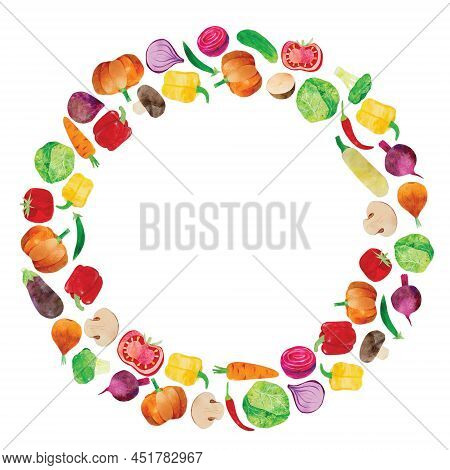 Hand-drawn Watercolor Vegetable Ring Frame Border. Ingredients Such As Carrot, Beetroot, Cabbage And