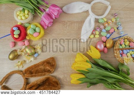 Easter Background. Happy Easter Bunnies. Happy Easter Banner. Tulips. Easter. Banner. Copy Space